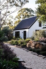 Charming modern house nestled in vibrant garden landscape during afternoon light on a tranquil residential street exhibiting contemporary architecture and lush greenery