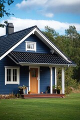 Charming blue cottage nestled in a green landscape with a wooden porch, inviting atmosphere during a sunny day in a serene natural setting