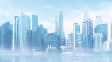 Fototapeta premium Ethereal blue-tinted futuristic cityscape, translucent glass architecture, dreamy atmospheric landscape, holographic building effects, misty modern skyline, clean minimalist architectural design