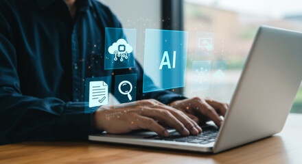 Coding with AI: A close-up shot shows a person typing on a laptop, with the concept of artificial intelligence subtly visualized through digital icons.