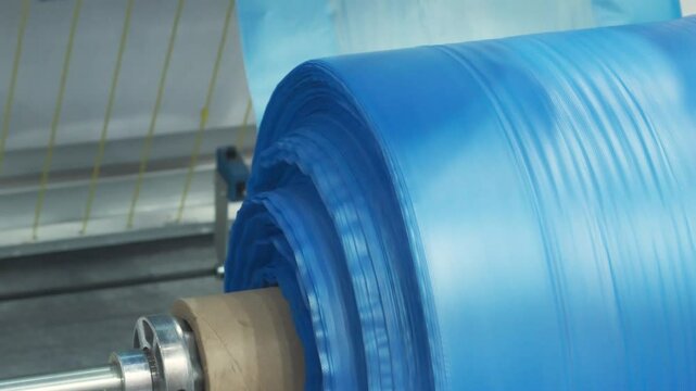 Automatic plastic bag making machine with lighting effect. Close-up of rotating roller of plastic bag making machine in light blue scene. Product packaging concept