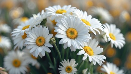 Obraz premium Cluster of daisies with white petals and yellow centers. Fresh flowers in a garden setting. Nature and floral beauty. The concept of spring and blooming flowers.
