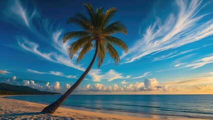 Tropical beach scene with a lone palm tree, blue sky with wispy clouds, and calm ocean water.