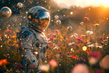 Astronaut walks through a colorful field of alien flowers with floating spheres in a dreamy, otherworldly landscape