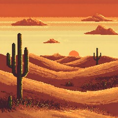 Desert Sunset Pixel Art: Evoking the serene vastness of the desert at sunset, with pixelated rendering the sun dips below the horizon. Capturing an endless and timeless landscape.
