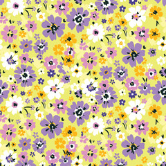 Colorful Floral Seamless Pattern for Textile Print for Fabric, Vibrant Retro Summer Flower Design with yellow color
