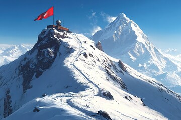 The snow-covered highlands of the Himalayas, with a red flag flying on one side and an observatory