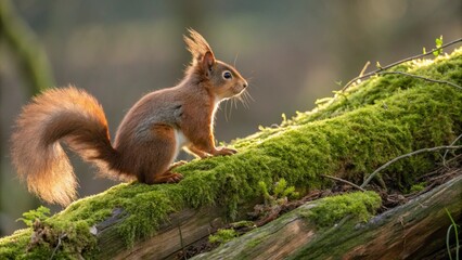Red squirrel perched on a moss covered log bathed in warm golden hour sunlight
