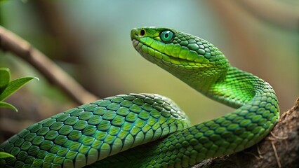 Obraz premium Close up of a vibrant green viper snake with striking emerald eyes coiled on a branch