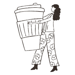 Girl carrying huge paper cup, cartoon doodle vector illustration isolated on white background. Hand drawn outline art with grunge texture. Concept of cafe.
