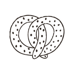 Pretzel, cartoon doodle vector illustration isolated on white background. Hand drawn outline art with grunge texture. Concept of bakery and cafe.