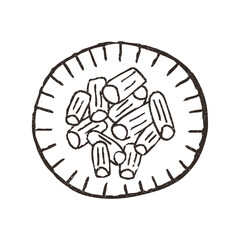 Penne pasta on plate, cartoon doodle vector illustration isolated on white background. Hand drawn outline art with grunge texture. Concept of cafe and Italian restaurant.