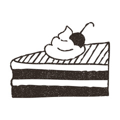 Slice of cake, cartoon doodle vector illustration isolated on white background. Hand drawn outline art with grunge texture. Concept of cafe and bakery.