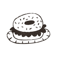 Bagel sandwich on plate, cartoon doodle vector illustration isolated on white background. Hand drawn outline art with grunge texture. Concepts of food and cafe.
