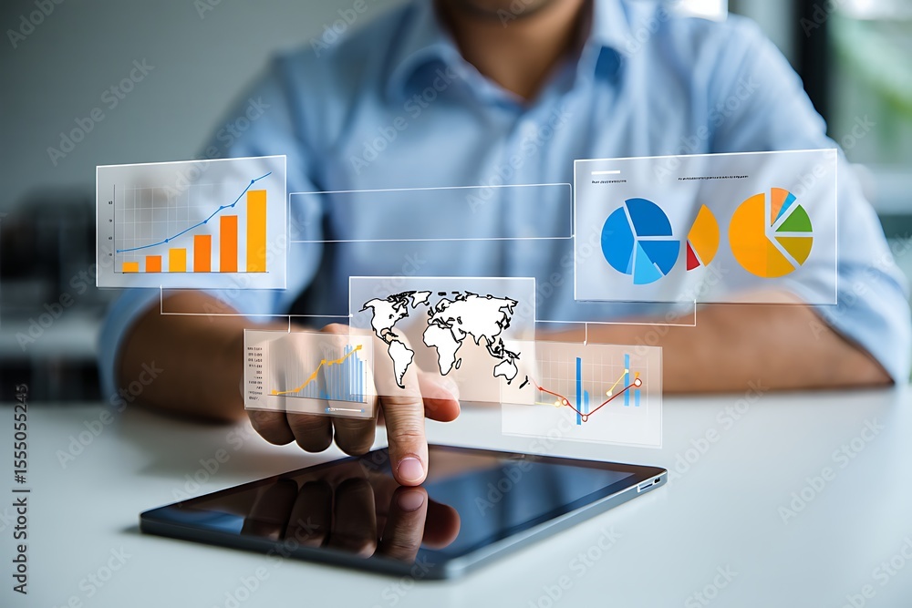 Poster businessman interacting with holographic financial charts and world map displayed above a tablet sho