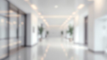 Blurred, Bright Hallway: Modern Architecture, Plants, and Reflective Floor.
