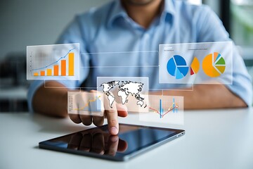 Businessman interacting with holographic financial charts and world map displayed above a tablet showcasing global business analytics and data visualization technology