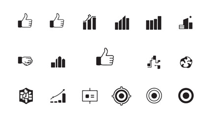 A diverse collection of black and white icons representing various concepts, including thumbs up, bar graphs, and target symbols.