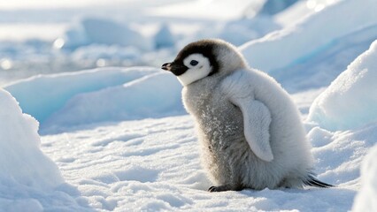 Adorable fluffy emperor penguin chick stands on a snowy landscape in antarctica