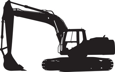 Flat Black Silhouette of Excavator, Construction Vehicle, Earthmoving Equipment Vector Illustration