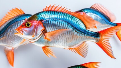 Fototapeta premium Colorful fish with vibrant orange fins and blue-striped bodies. Freshwater aquatic life. Marine ecosystem.