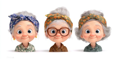 Three cheerful memoji characters with gray hair and colorful headbands expressing joy in a whimsical cartoon style