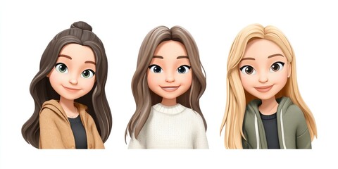Three unique memoji characters showcasing distinct hairstyles and outfits, reflecting diverse personal styles