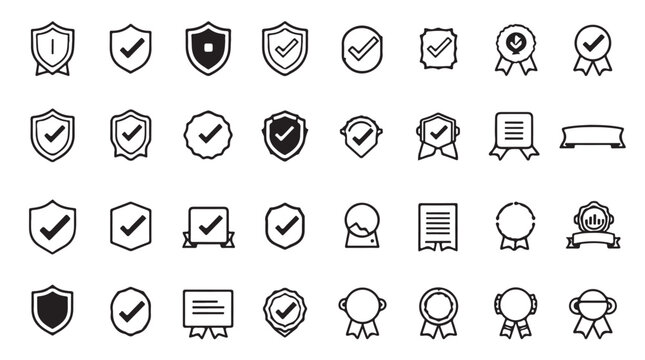 A diverse collection of black and white icons representing security, quality, and approval, featuring various shield, checkmark, and badge designs.