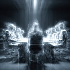 Abstract Business Meeting: Ethereal Figures in a Luminous Conference Room