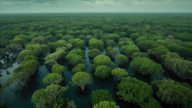 Aerial view of a dense mangrove forest with water channels, showcasing lush greenery and aquatic ecosystems.