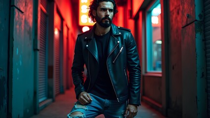 Obraz premium Bearded Model in Leather Jacket and Jeans in Neon-Lit Alley