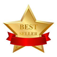 Realistic gold star Best seller with red satin silk ribbon. Element, icon with metallic effect for award, medal, rating designation on transparent background. Isolated vector illustration EPS10