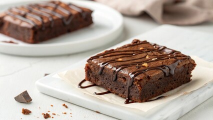 Delicious chocolate brownies with ganache drizzles