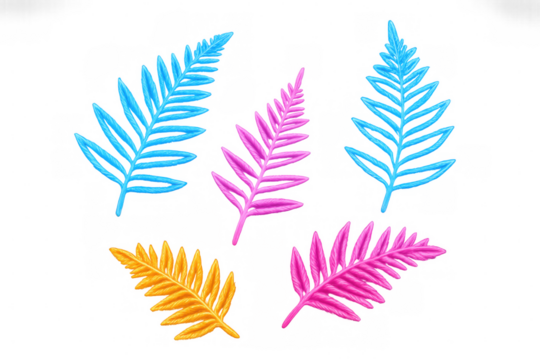 Vibrant tropical fern leaves spreading in blue, pink, gold color palette, decorating transparent background with botanical elegance