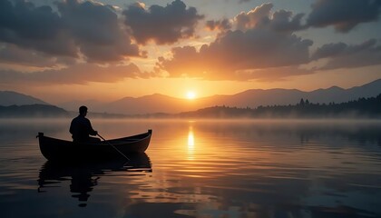 Peaceful Sunrise on a Misty Lake with a Man Rowing a Boat
