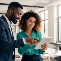 A male and female young adult business professional smiling and collaborating, pointing at a tablet, sharing ideas in a modern office