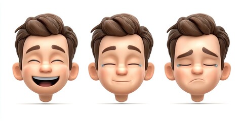 Three distinct memoji expressions showcasing happiness, neutrality, and sadness in a colorful and fun cartoon style