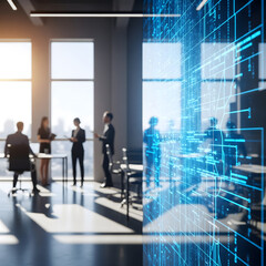 A bright, modern office features blurred figures of business professionals in discussion, with a foreground of vibrant blue digital circuit lines, merging human interaction and technology
