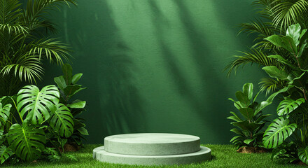 Concrete product display podium on grass with tropical plants and green wall