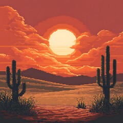 Pixel Sunset in the Desert: A pixel art landscape depicting a breathtaking desert sunset. The large sun dominates the sky, casting a warm, orange glow on the cacti and sand dunes.