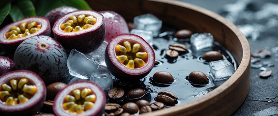 Passion fruit halves with ice cubes, coffee beans, and a wooden tray. Refreshing tropical fruit and beverage ingredients background.