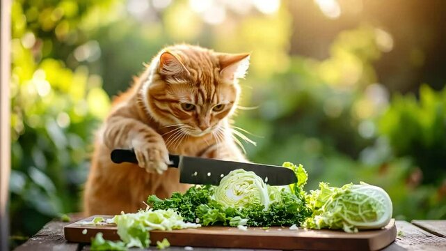 Ginger cat "chops" lettuce with a knife on a wood board, outdoor setting