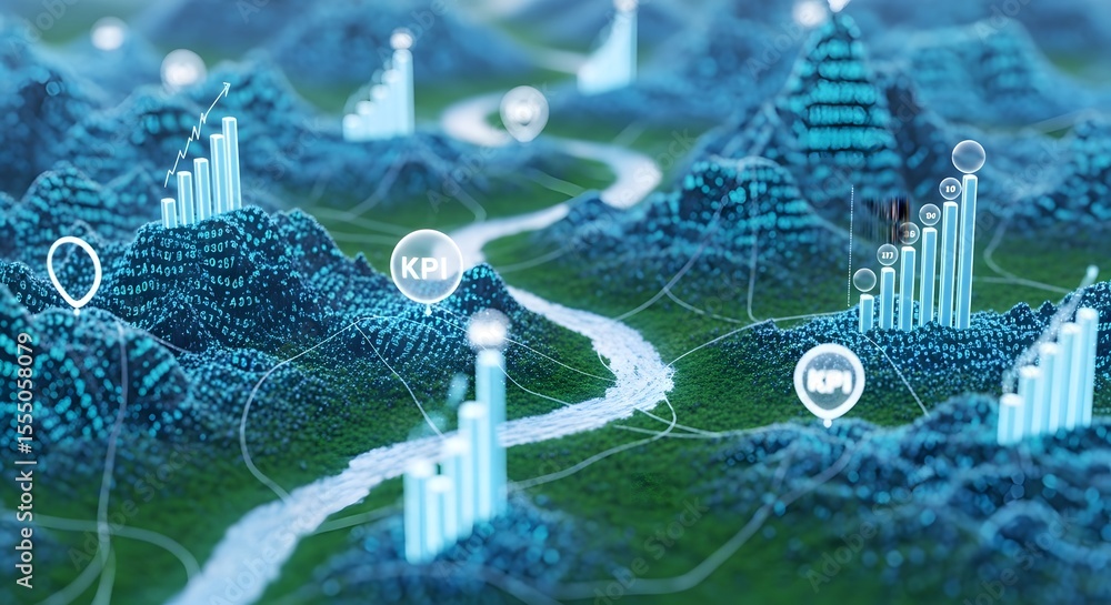 Poster abstract visualization of a business strategy, charting progress, and data analysis.