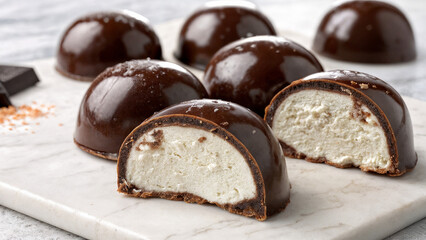 shows a marble board with several chocolate-covered domes, some of which are cut in half to reveal a creamy white filling. There are also small pieces of chocolate and crumbled bits around the board.
