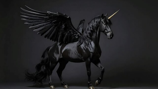 Glossy black unicorn with huge wings, golden horn, on dark grey