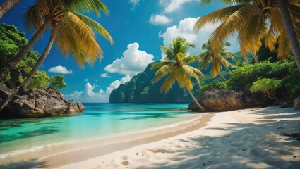Tropical beach scene with palm trees, clear turquoise water, rocky shores, and lush green vegetation under a bright blue sky with clouds.