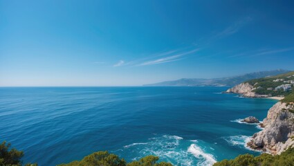 Fototapeta premium A coastal landscape with the ocean, cliffs, and a clear sky, highlighting natural scenery and seaside views.