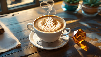 Steaming latte with leaf art sits on a saucer accompanied by an amber gem on a wooden table backlit by window light