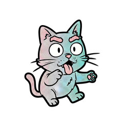 Obraz premium Whimsical Illustration of a Cat with Patterned Fur. Expressive eyes and tongue are sticking out. The image features a transparent background.