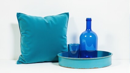 Teal Cushion, Blue Bottle, and Glass on Tray